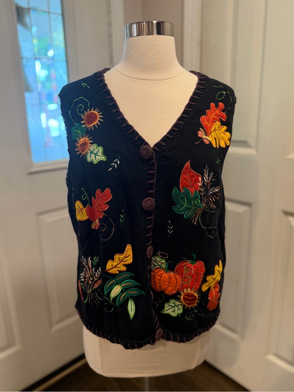Holiday Editions Black Embroidered Autumn Button-Front Vest